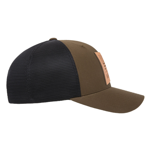 Square Leather Patch Hat - FLEXFIT 110 Coytote Brown/Black