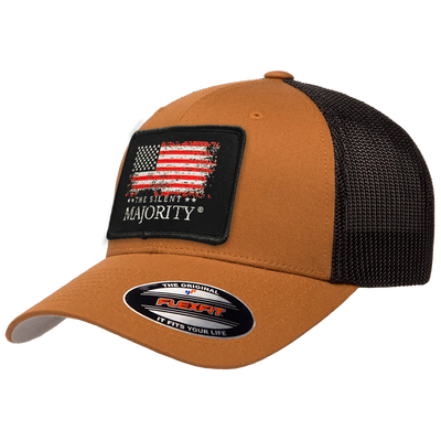 Flag & Brand Color Patch Hat - FLEXFIT Meshback Carmel/Black